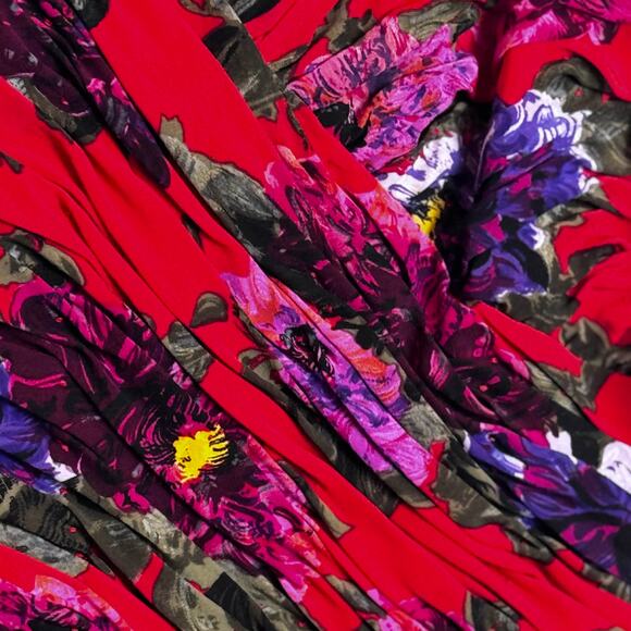 Liancarlo Ruched Cocktail Dress Womens 10 Red Floral Silk Puff Sleeve Elegant - Picture 12 of 16